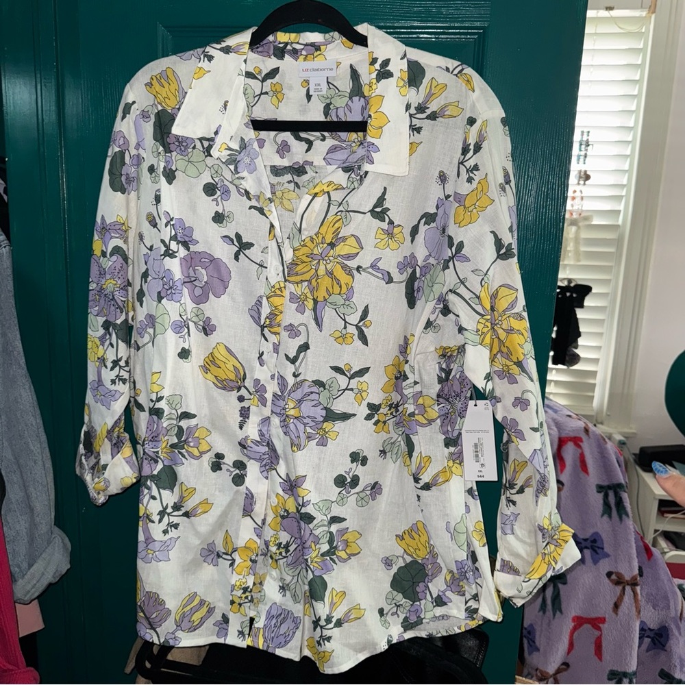 Floral Button-Up Blouse - White w/ Yellow & Purple flowers